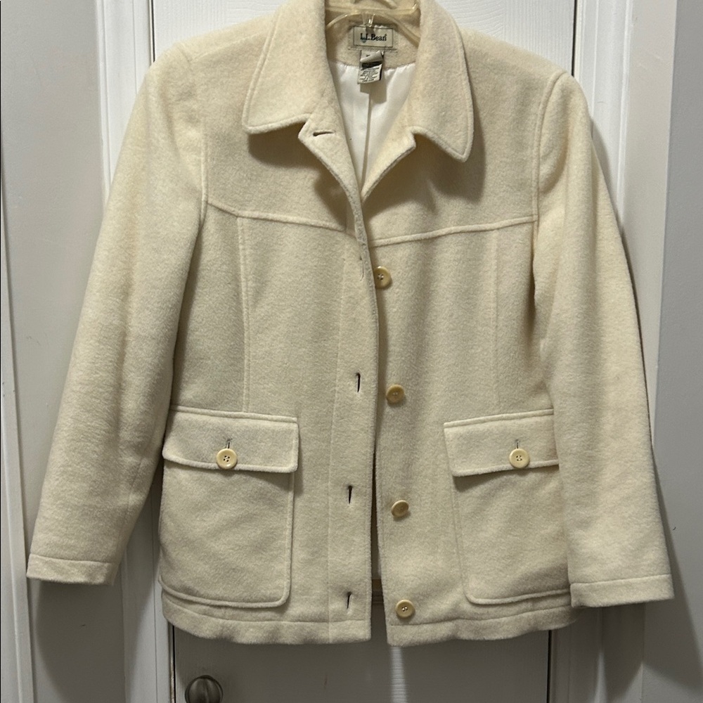 L.L. Bean Women's Cream Wool Pea Coat with Button Flap Pockets